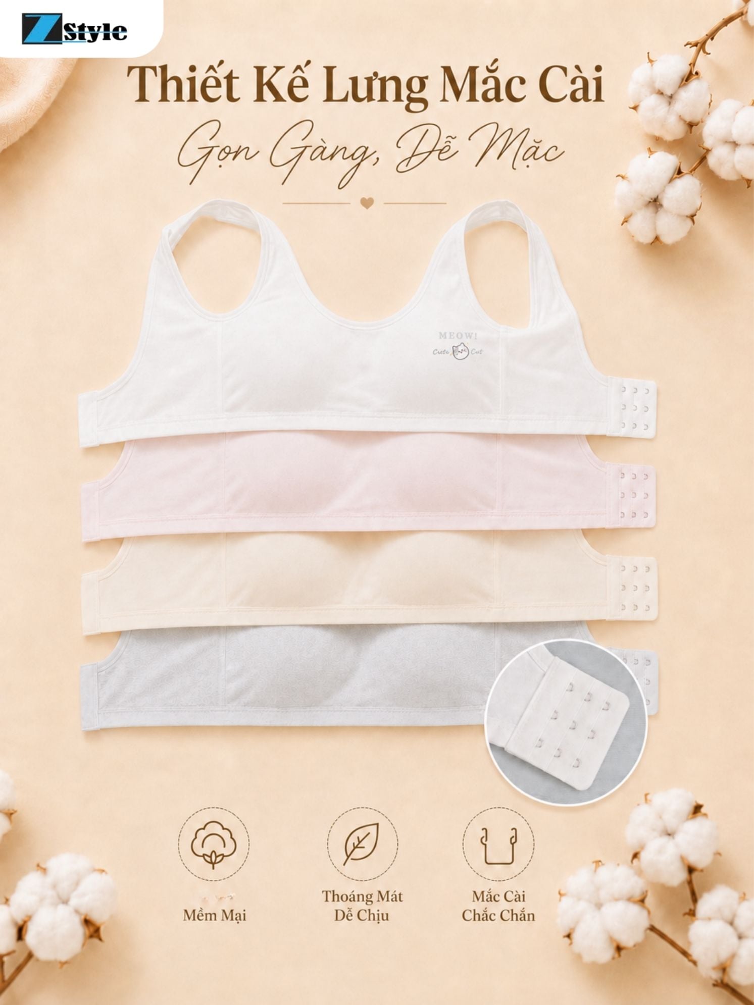 Áo Lá Học Sinh Mềm Mại Zstyle ZALL1013NK Có Mút Mỏng, Lưng Móc Cài