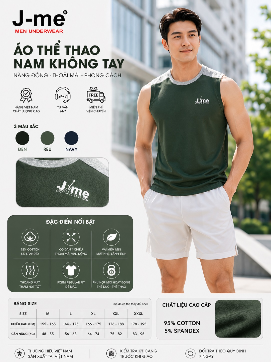 Áo thun sát nách nam J-me JMT089SH vải cotton mềm mại thoải mái co dãn