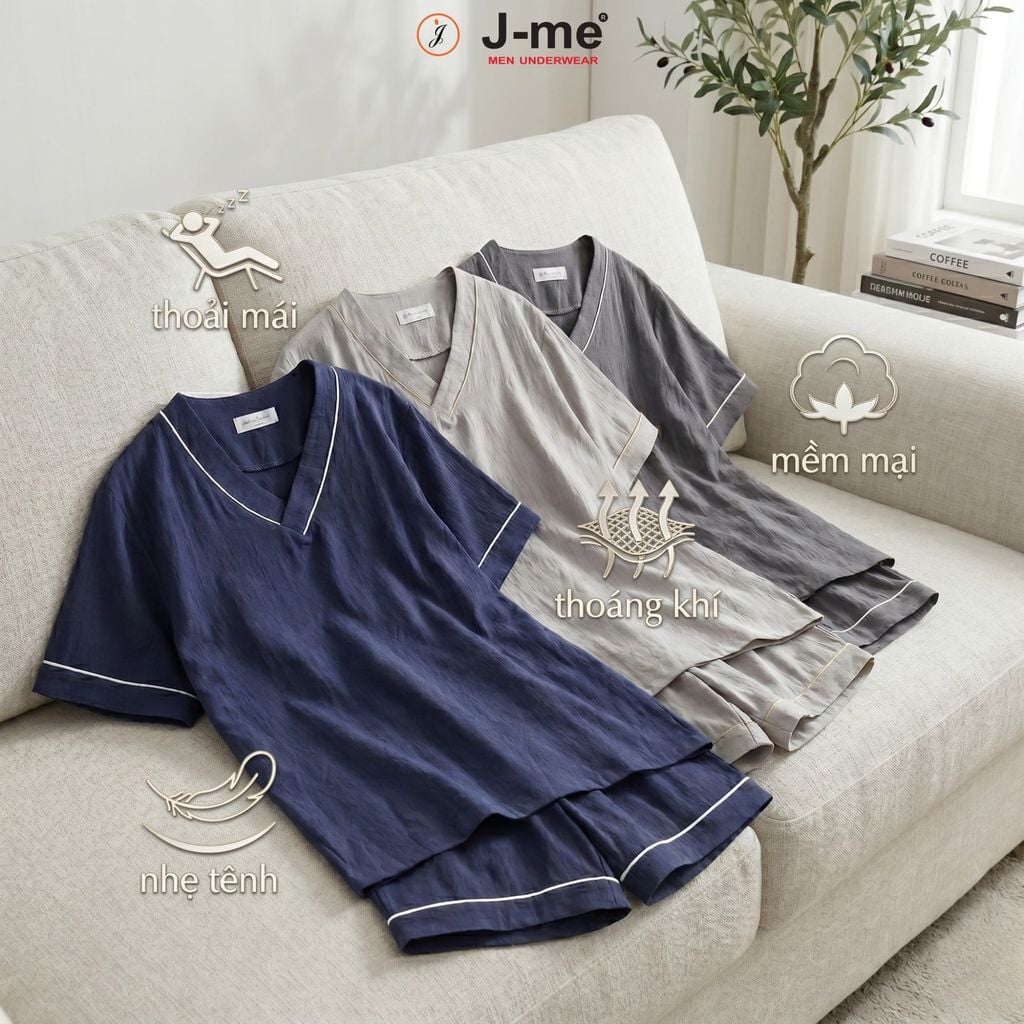 Bộ mặc nhà nam J-ME JMPB305SH Cổ Chữ V Minimalist Chất Liệu Nhẹ Tênh