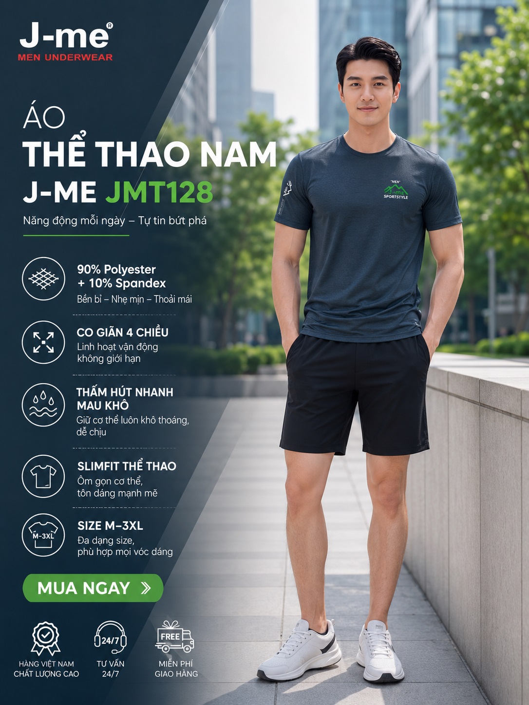 Áo Thể Thao Nam J-me JMT128SH Co Giãn, Thấm Hút Mồ Hôi, Mặc Mát Tập Gym Chạy Bộ Du Lịch