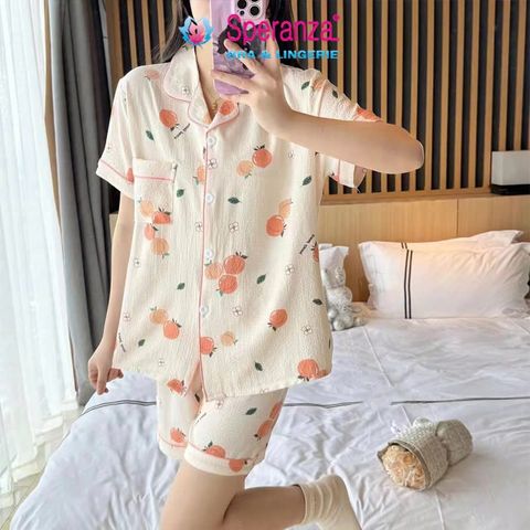 Bộ Đồ Ngủ Nữ Speranza SBD008SH Vải Cotton Nhăn, Họa Tiết Hoạt Hình, Cổ Bẻ, Mở Cúc
