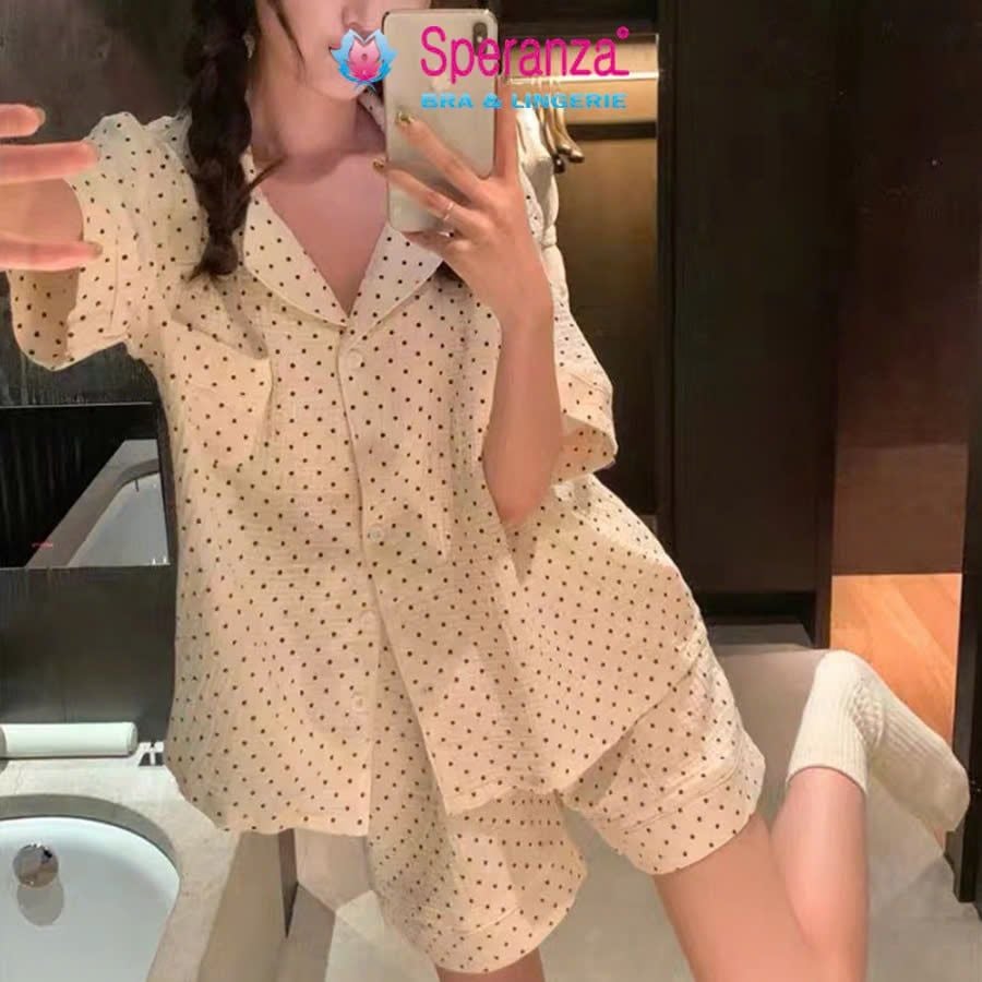 Bộ Đồ Ngủ Nữ Speranza SBD008SH Vải Cotton Nhăn, Họa Tiết Hoạt Hình, Cổ Bẻ, Mở Cúc