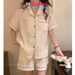 Bộ Đồ Ngủ Nữ Speranza SBD008SH Vải Cotton Nhăn, Họa Tiết Hoạt Hình, Cổ Bẻ, Mở Cúc