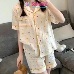 Bộ Đồ Ngủ Nữ Speranza SBD008SH Vải Cotton Nhăn, Họa Tiết Hoạt Hình, Cổ Bẻ, Mở Cúc