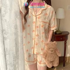 Bộ Đồ Ngủ Nữ Speranza SBD008SH Vải Cotton Nhăn, Họa Tiết Hoạt Hình, Cổ Bẻ, Mở Cúc