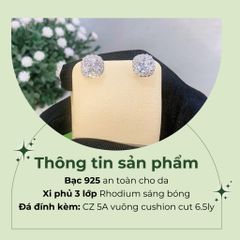 Bông tai bạc 925 đính đá Cubic Zirconia 5A vuông cushion cut 6.5ly ROWLER EA000929