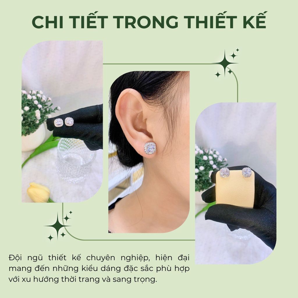 Bông tai bạc 925 đính đá Cubic Zirconia 5A vuông cushion cut 6.5ly ROWLER EA000929