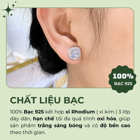 Bông tai bạc 925 đính đá Cubic Zirconia 5A vuông cushion cut 6.5ly ROWLER EA000929