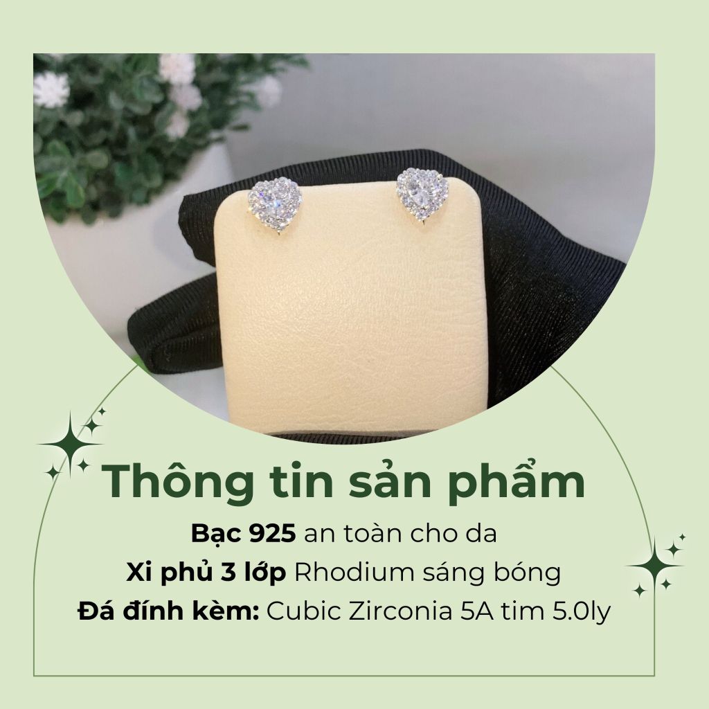 Bông tai trái tim bạc 925  đính đá Cubic Zirconia 5A tim 5.0ly ROWLER EA000946