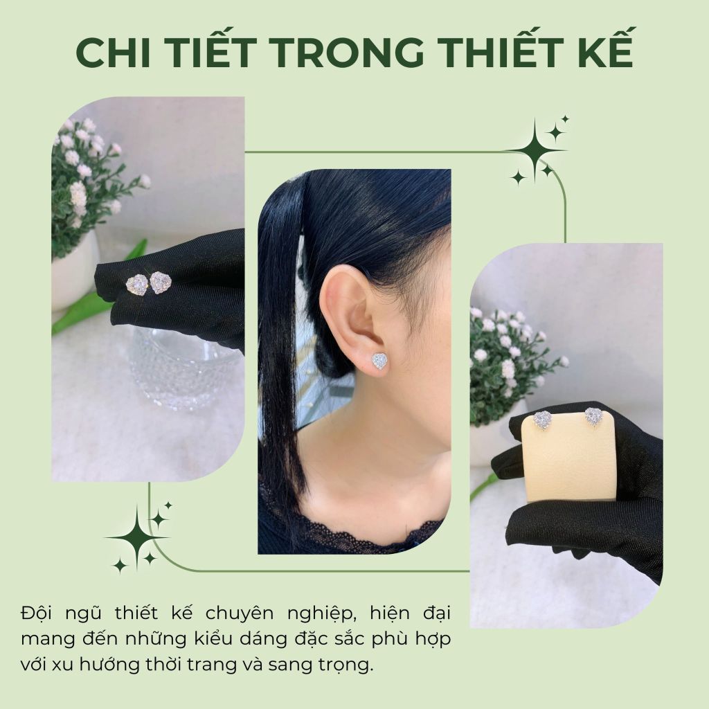Bông tai trái tim bạc 925  đính đá Cubic Zirconia 5A tim 5.0ly ROWLER EA000946