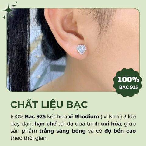 Bông tai trái tim bạc 925  đính đá Cubic Zirconia 5A tim 5.0ly ROWLER EA000946