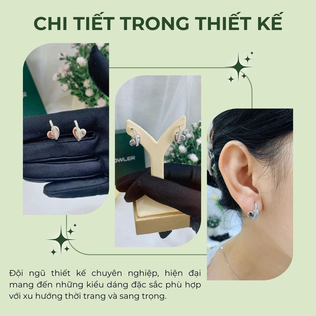 Bông tai nữ bạc Thụy Sĩ hình trái tim khóa bật đính đá Moissanite ROWLER EH000906