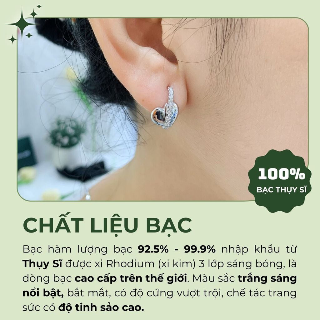Bông tai nữ bạc Thụy Sĩ hình trái tim khóa bật đính đá Moissanite ROWLER EH000906