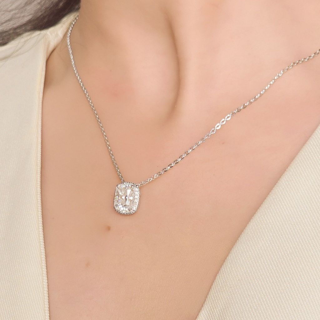Dây cổ BST Halo Moissanite Radiant bạc Thụy Sĩ đính đá Moissanite - Nét lấp lánh vượt thời gian - ROWLER  NH000962