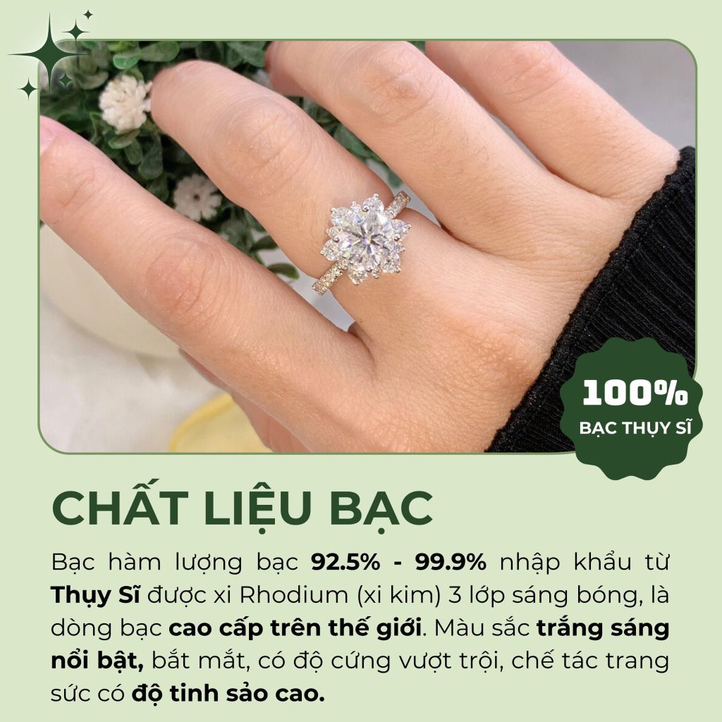 Nhẫn bạc Thụy Sĩ bông hoa đính đá Moissanite 7.0ly ROWLER RH000616