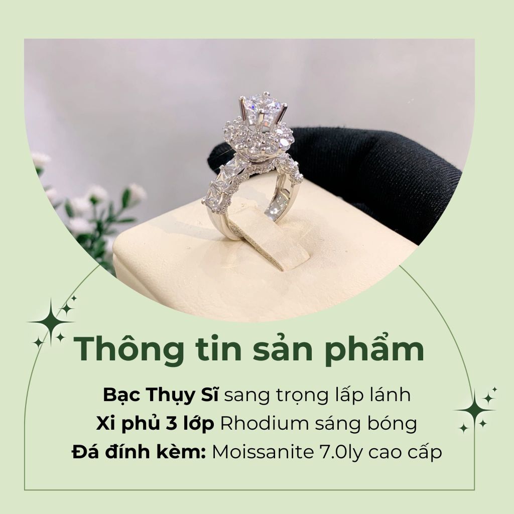 Nhẫn Royal bạc Thụy Sỹ đính full đá Moissanite viên chủ tròn 7.0ly- ROWLER- RH000953