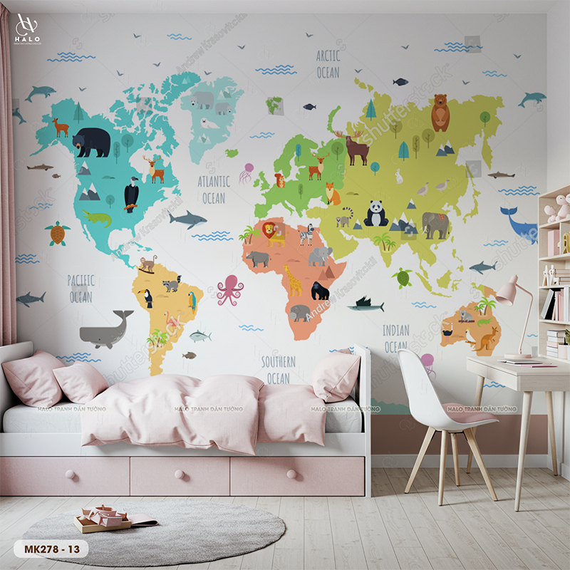  Tranh Dán Tường Bản Đồ Động Vật Thế Giới 8D 16D - MK278 