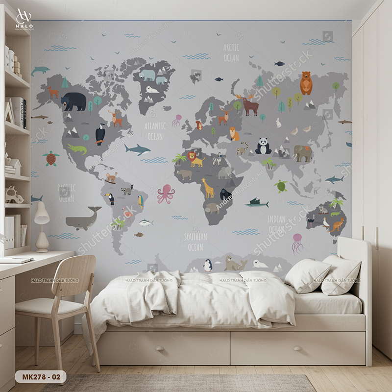  Tranh Dán Tường Bản Đồ Động Vật Thế Giới 8D 16D - MK278 
