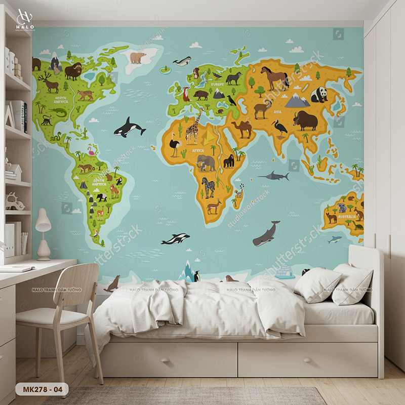  Tranh Dán Tường Bản Đồ Động Vật Thế Giới 8D 16D - MK278 