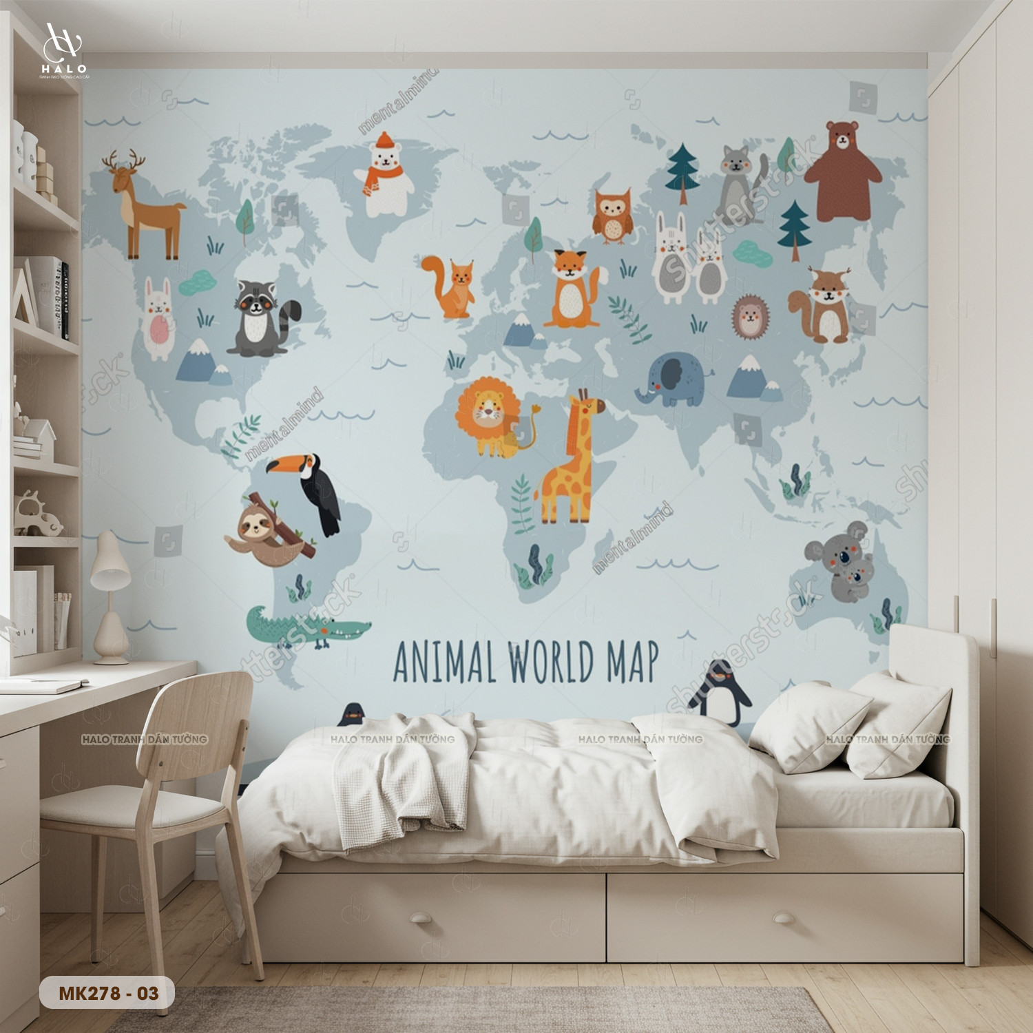  Tranh Dán Tường Bản Đồ Động Vật Thế Giới 8D 16D - MK278 
