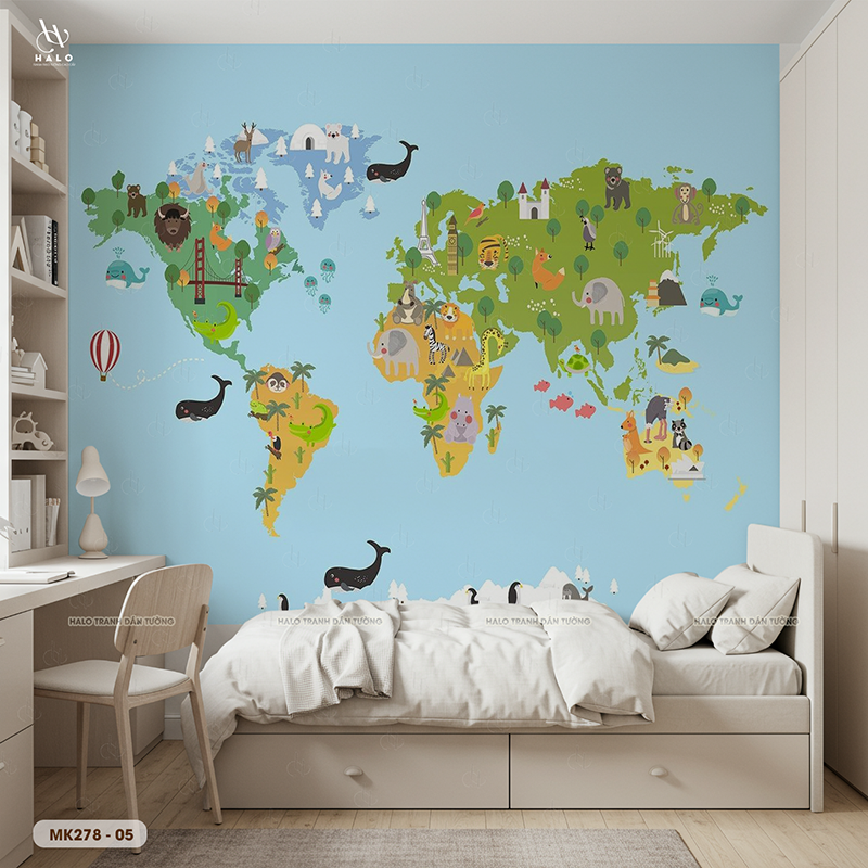  Tranh Dán Tường Bản Đồ Động Vật Thế Giới 8D 16D - MK278 