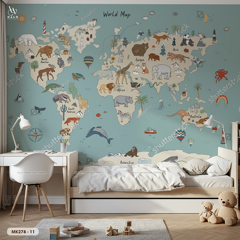  Tranh Dán Tường Bản Đồ Động Vật Thế Giới 8D 16D - MK278 