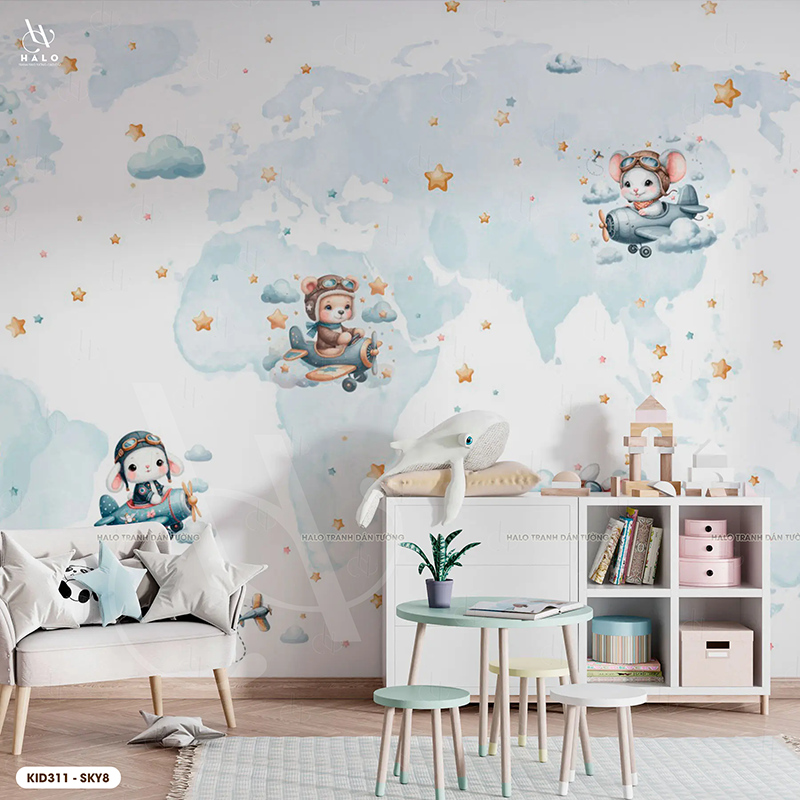  Tranh Dán Tường Tone Xanh Dành Cho Bé Trai 8D 16D - KID311 