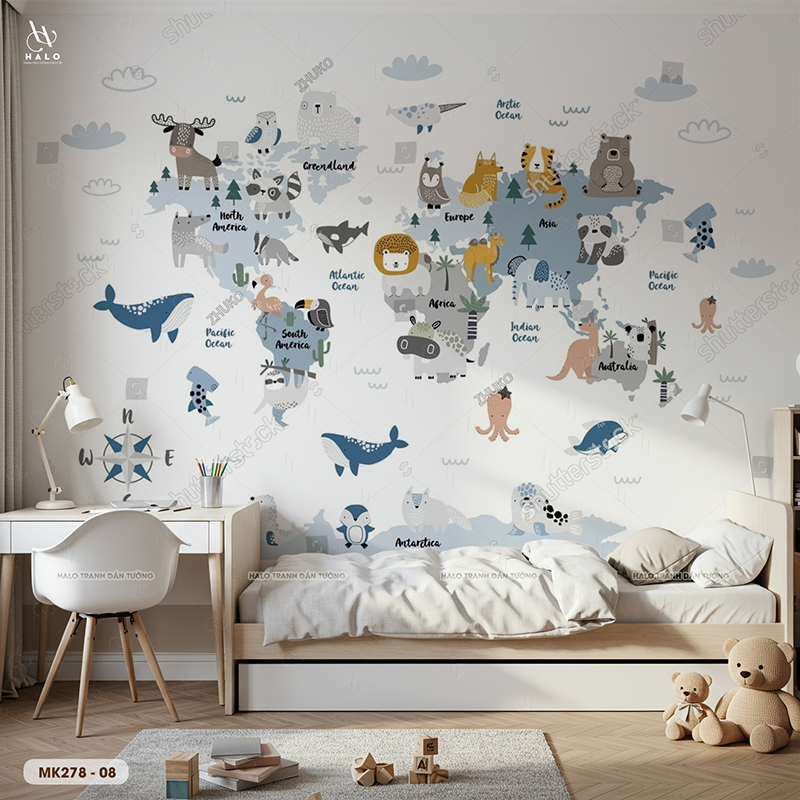  Tranh Dán Tường Bản Đồ Động Vật Thế Giới 8D 16D - MK278 