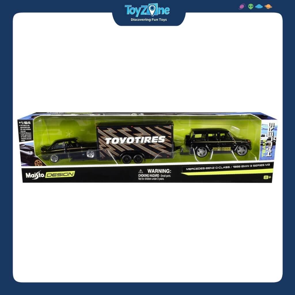 Mô hình xe vận chuyển Mercedes-Benz G-Class + BMW 3 Series M3 1988 Design Team Hauler 1:64 MAISTO