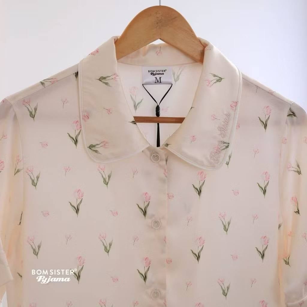 [FREESHIP] Đồ ngủ pyjama lụa cao cấp, tặng khăn lụa & cột tóc tone màu pastel N1004 - BOM Sister