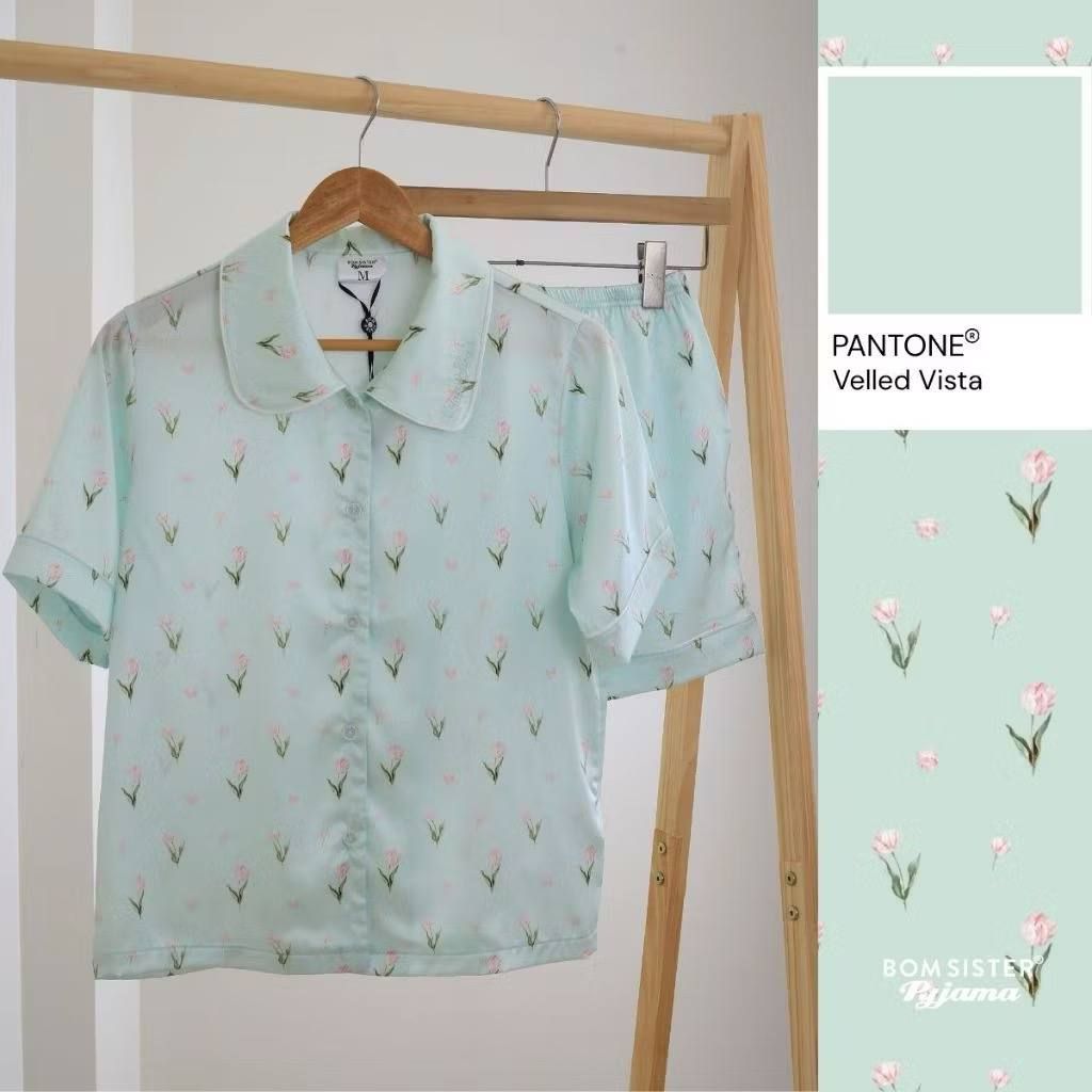 [FREESHIP] Đồ ngủ pyjama lụa cao cấp, tặng khăn lụa & cột tóc tone màu pastel N1004 - BOM Sister
