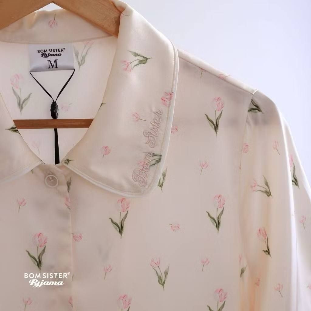 [FREESHIP] Đồ ngủ pyjama lụa cao cấp, tặng khăn lụa & cột tóc tone màu pastel N1004 - BOM Sister