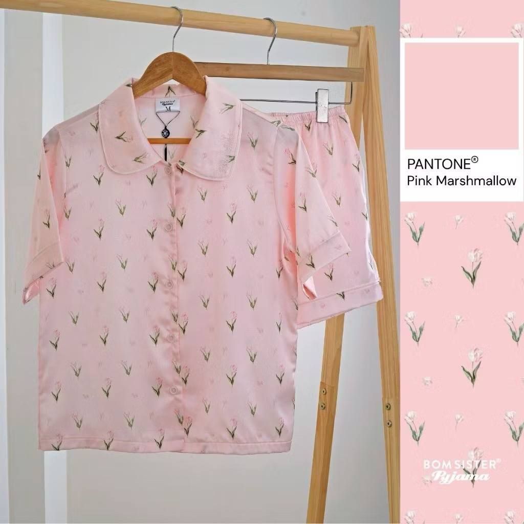 [FREESHIP] Đồ ngủ pyjama lụa cao cấp, tặng khăn lụa & cột tóc tone màu pastel N1004 - BOM Sister