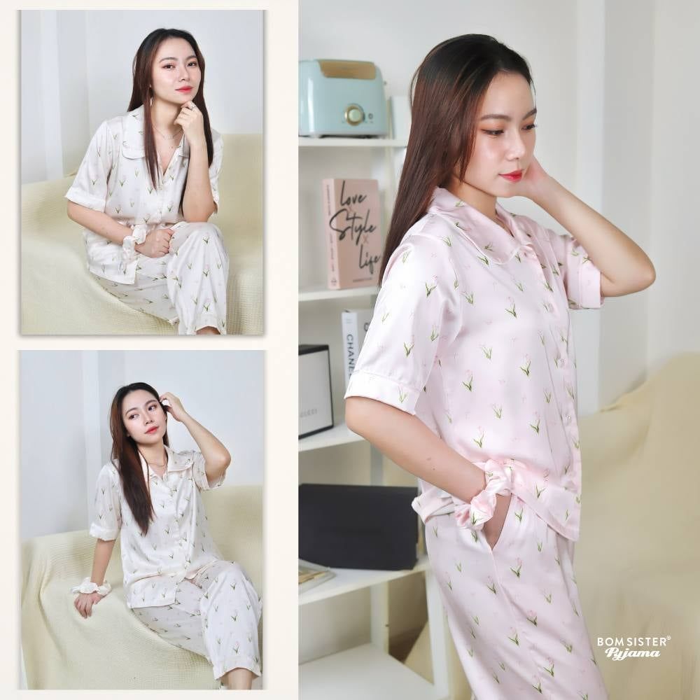 [FREESHIP] Đồ ngủ pyjama lụa cao cấp, tặng kèm khăn lụa & cột tóc tone màu pastel N1003 - BOM Sister