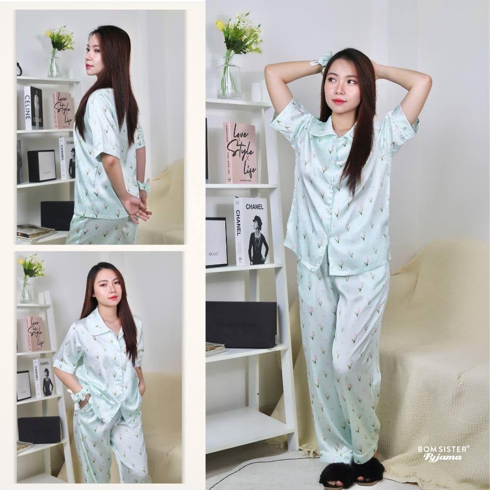 [FREESHIP] Đồ ngủ pyjama lụa cao cấp, tặng kèm khăn lụa & cột tóc tone màu pastel N1003 - BOM Sister