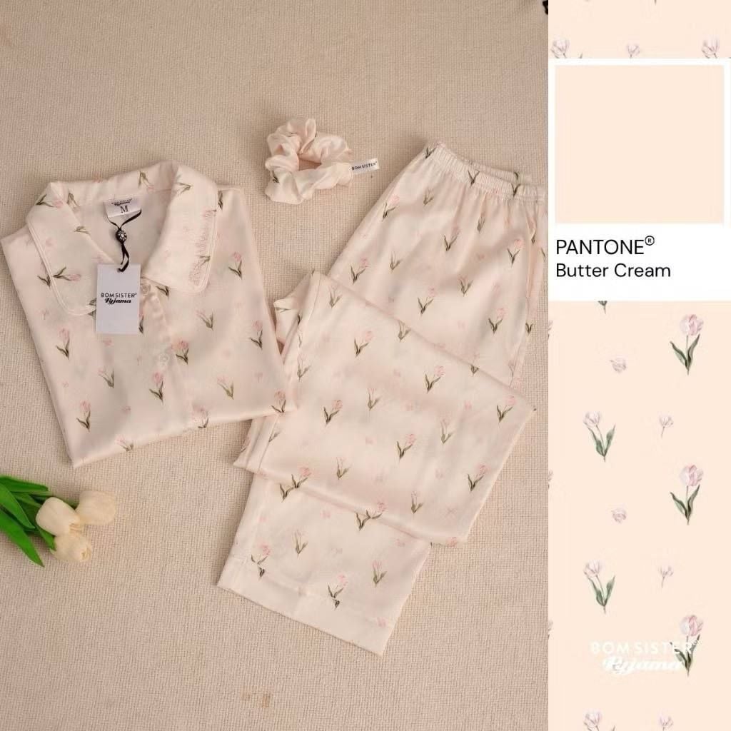[FREESHIP] Đồ ngủ pyjama lụa cao cấp, tặng kèm khăn lụa & cột tóc tone màu pastel N1003 - BOM Sister