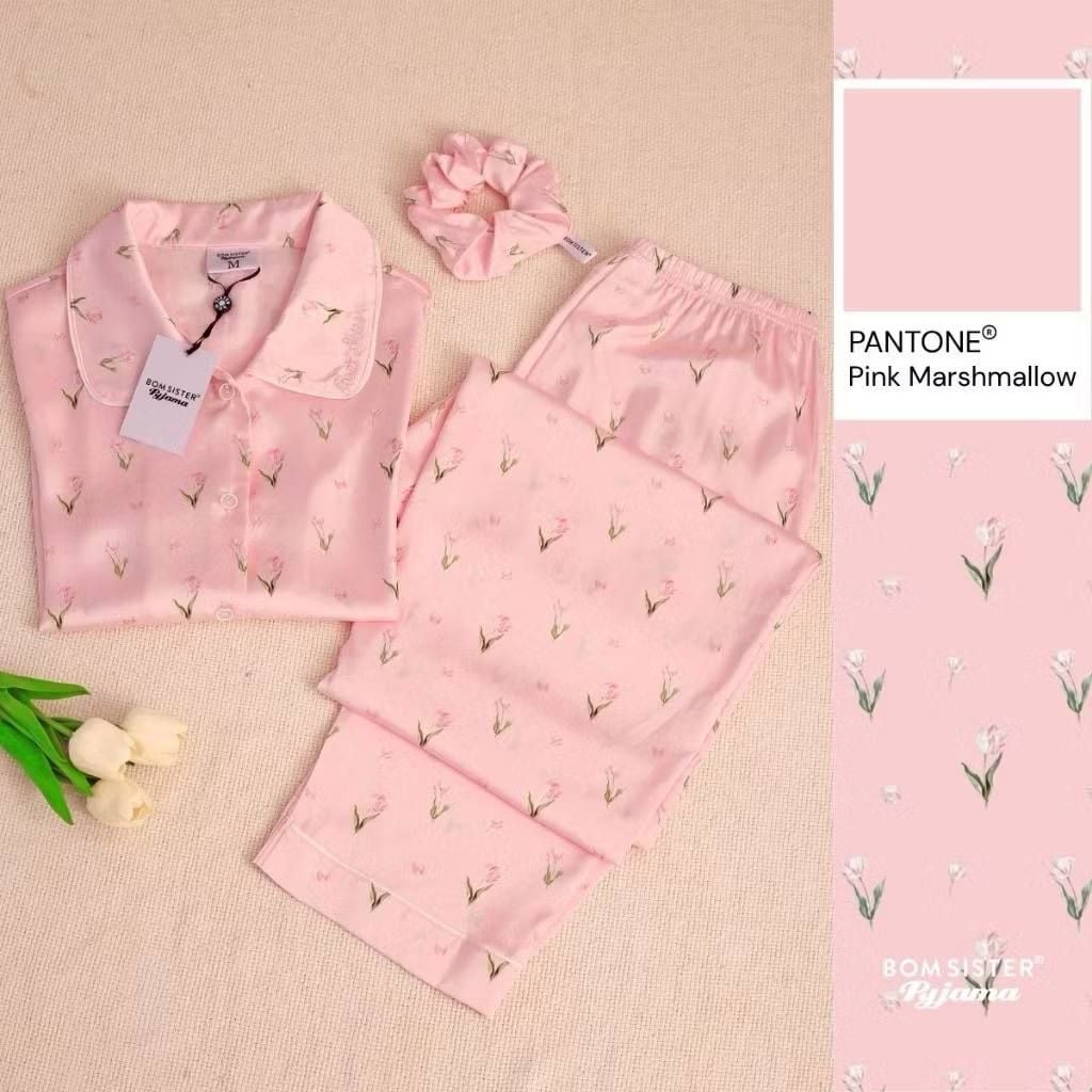 [FREESHIP] Đồ ngủ pyjama lụa cao cấp, tặng kèm khăn lụa & cột tóc tone màu pastel N1003 - BOM Sister