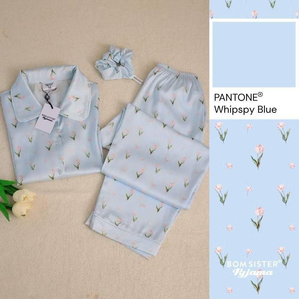 [FREESHIP] Đồ ngủ pyjama lụa cao cấp, tặng kèm khăn lụa & cột tóc tone màu pastel N1003 - BOM Sister