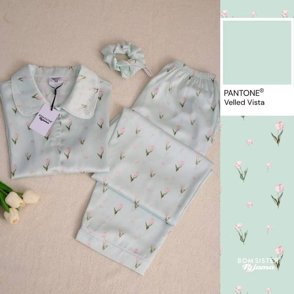[FREESHIP] Đồ ngủ pyjama lụa cao cấp, tặng kèm khăn lụa & cột tóc tone màu pastel N1003 - BOM Sister