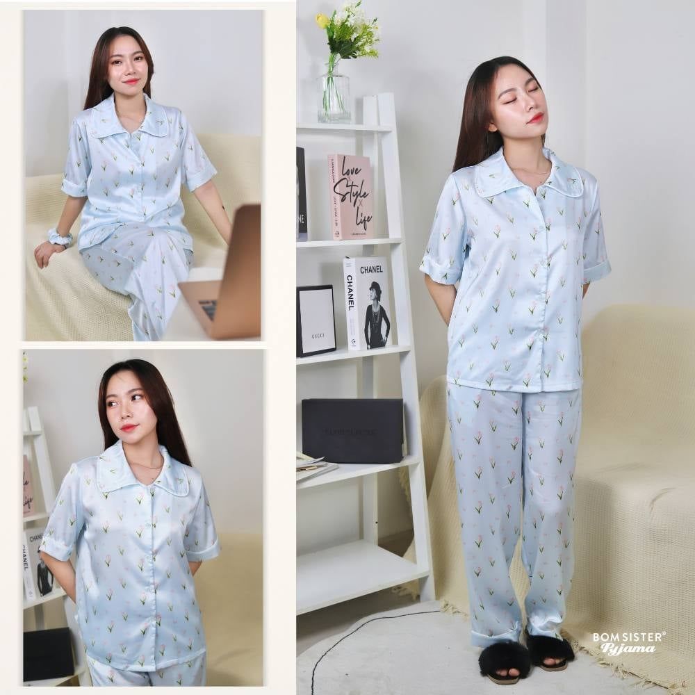 [FREESHIP] Đồ ngủ pyjama lụa cao cấp, tặng kèm khăn lụa & cột tóc tone màu pastel N1003 - BOM Sister