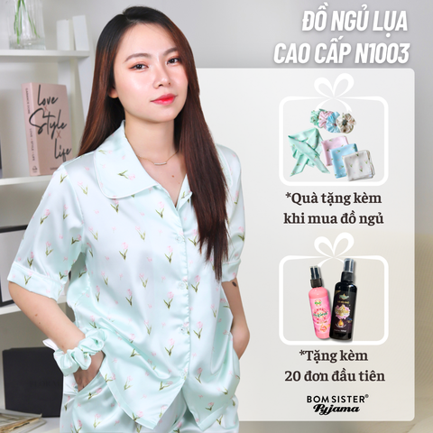 [FREESHIP] Đồ ngủ pyjama lụa cao cấp, tặng kèm khăn lụa & cột tóc tone màu pastel N1003 - BOM Sister