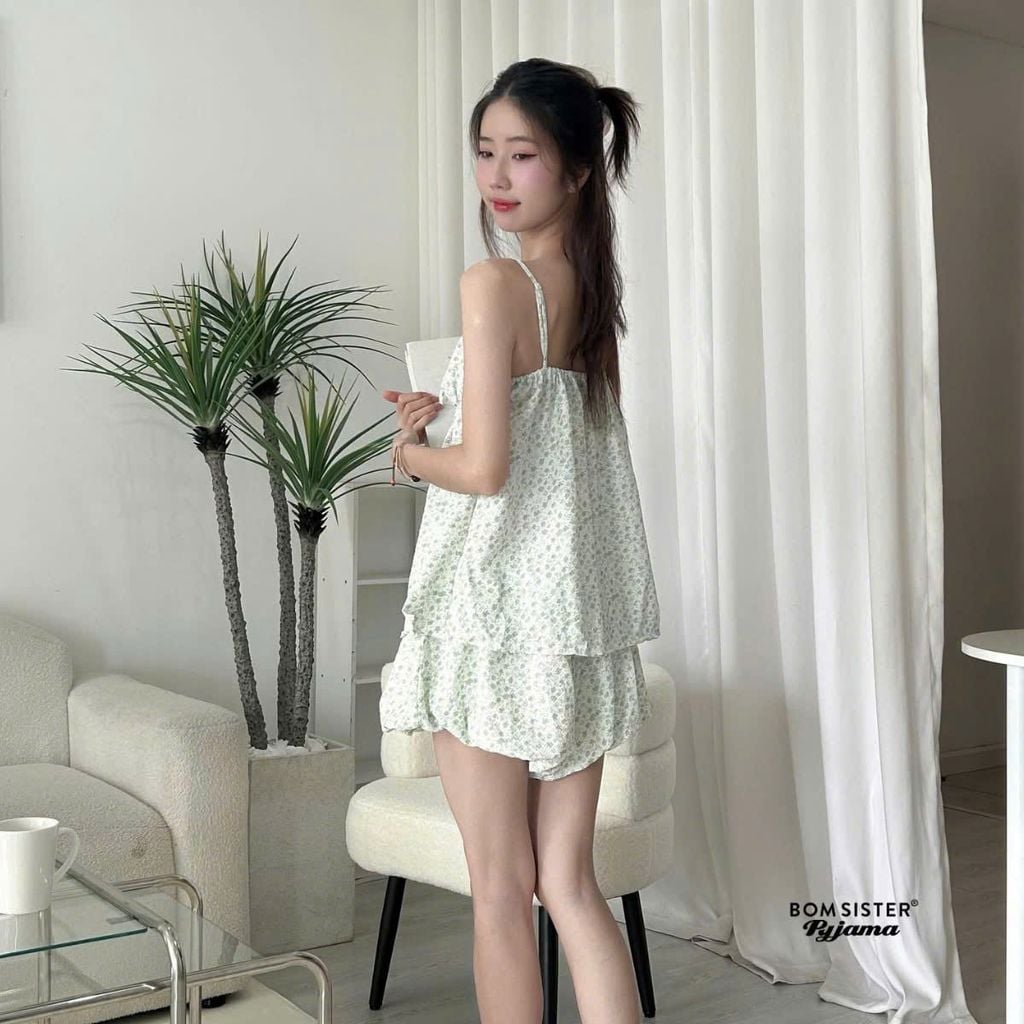 Bộ đồ ngủ nữ hai dây, quần bí N1008 - BOM Sister