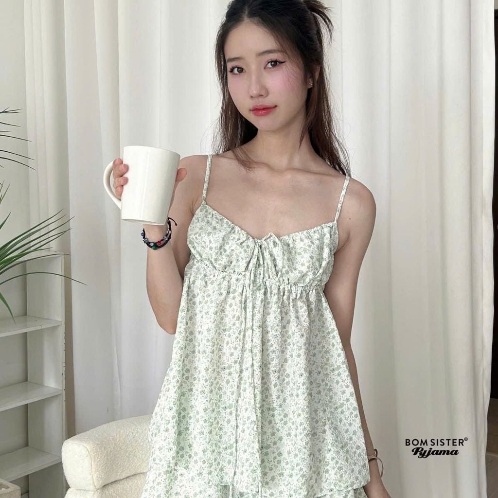 Bộ đồ ngủ nữ hai dây, quần bí N1008 - BOM Sister