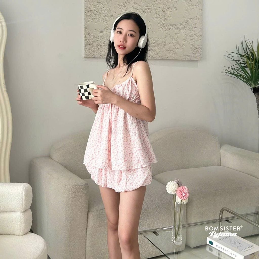 Bộ đồ ngủ nữ hai dây, quần bí N1008 - BOM Sister