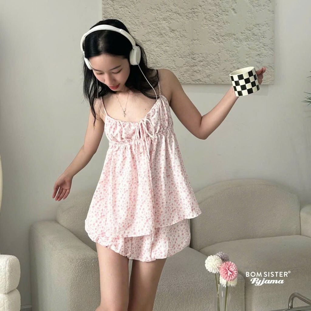 Bộ đồ ngủ nữ hai dây, quần bí N1008 - BOM Sister