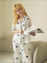 Bộ Đồ Ngủ Nữ Quần Dài Pyjama Lụa Cao Cấp Họa Tiết Trái Tim Dễ Thương BOMSISTER MN2025