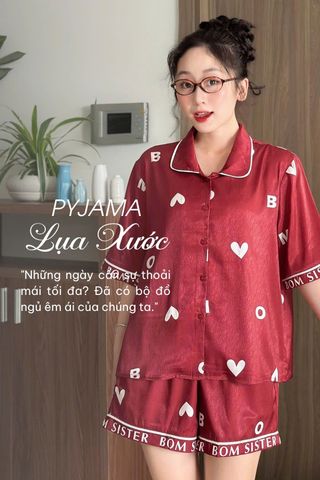 Bộ Pyjama Lụa Mùa Hè, Quần Short Họa Tiết Trái Tim Dễ Thương BOMSISTER MN2024