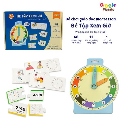  Đồ chơi học xem giờ Montessori song ngữ - Đồng hồ giấy mô phỏng & ghép hình thời gian cho bé 5+ 
