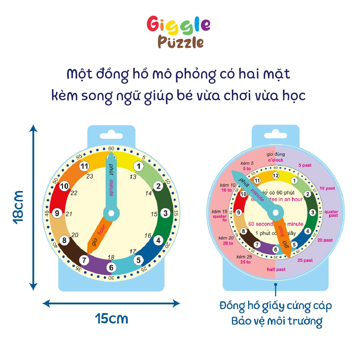  Đồ chơi học xem giờ Montessori song ngữ - Đồng hồ giấy mô phỏng & ghép hình thời gian cho bé 5+ 
