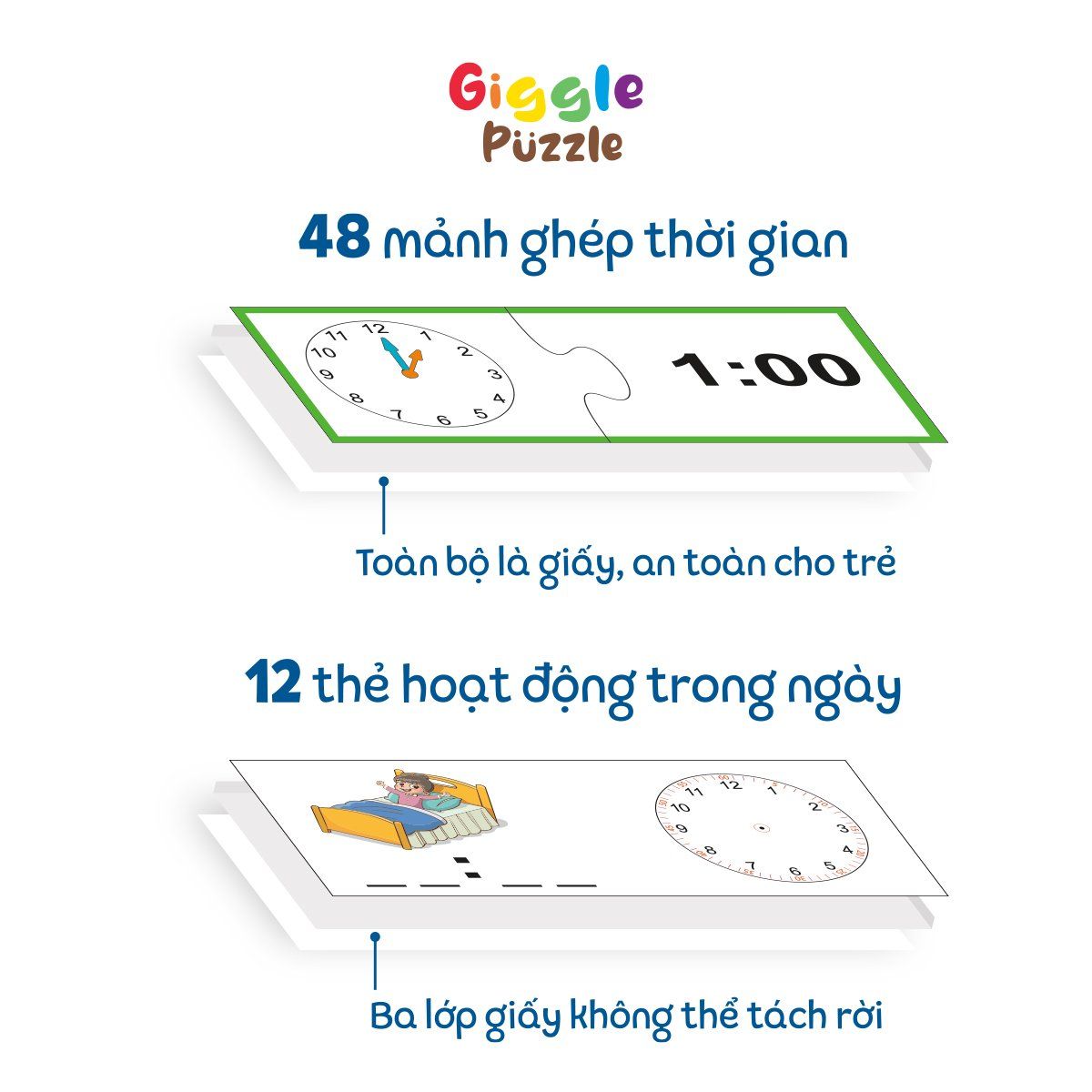  Đồ chơi học xem giờ Montessori song ngữ - Đồng hồ giấy mô phỏng & ghép hình thời gian cho bé 5+ 